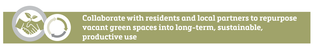 Collaborate with residents and local partners to repurpose vacant green spaces into long-term, sustainable, productive use
